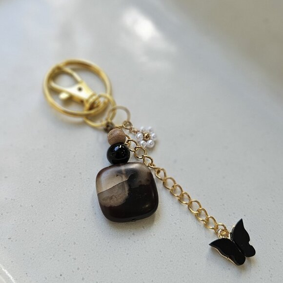 Brown Stone Beaded Keychain with Pearl Flower and Black Butterfly Charms - Picture 6 of 7